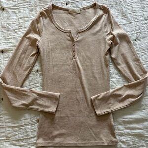Elegant Beige Long Sleeve Henley Top